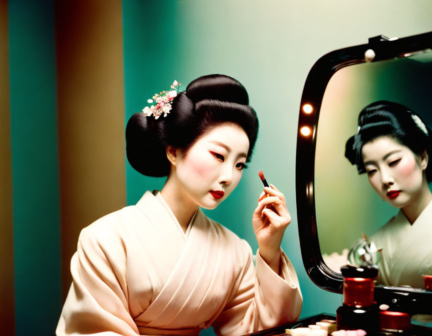 Traditional Japanese woman in elaborate attire applying makeup with mirror