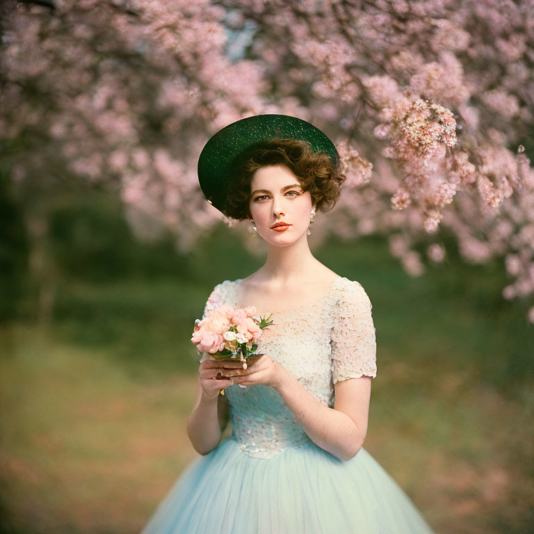 Vintage Woman in Blue Dress with Green Hat Holding Bouquet Among Cherry Blossoms