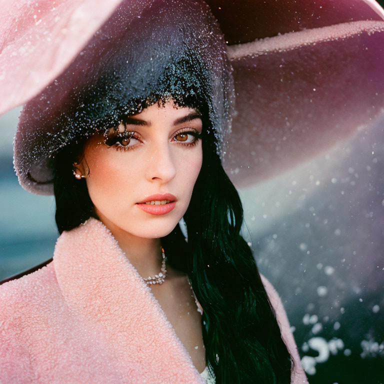 Woman with Dark Hair and Green Eyes in Pink Coat and Large Hat with Snowflakes