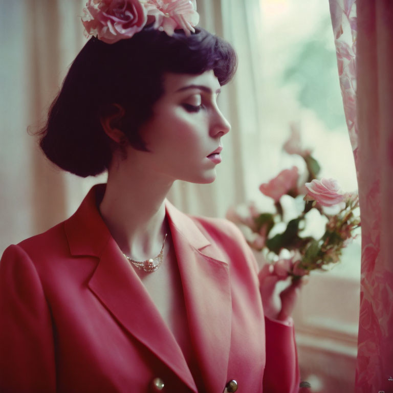 Pensive woman with flower in hair by window holding roses in vintage red jacket