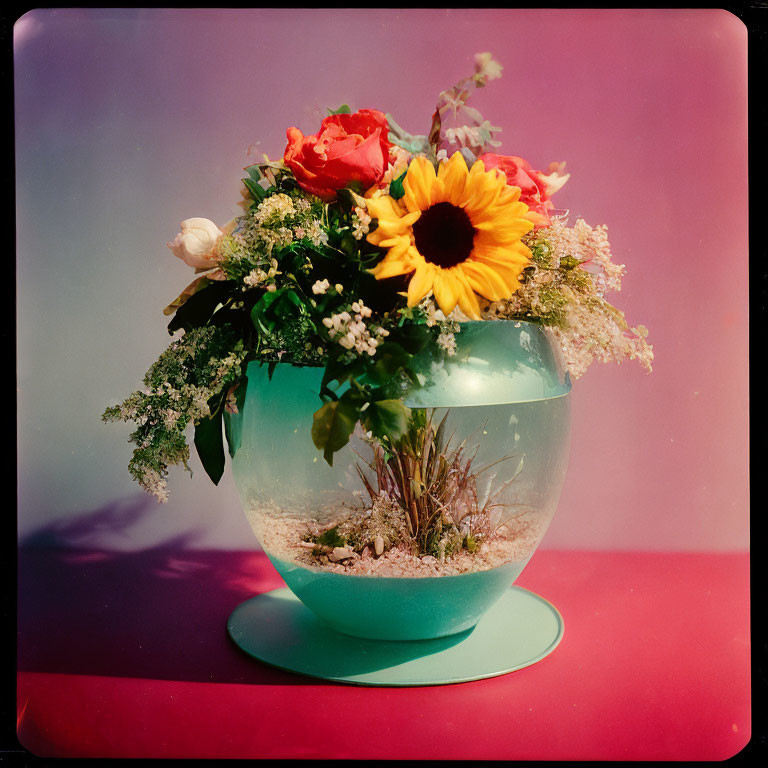 Colorful Sunflower and Rose Bouquet in Round Glass Vase on Pink and Purple Background