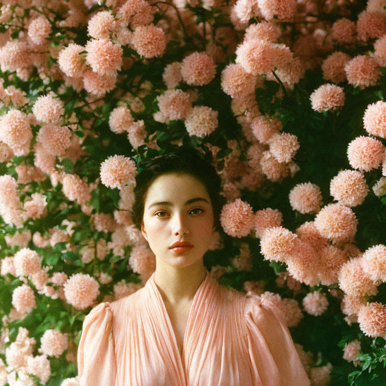 Woman in Soft Pink Dress Surrounded by Fluffy Pink Flowers