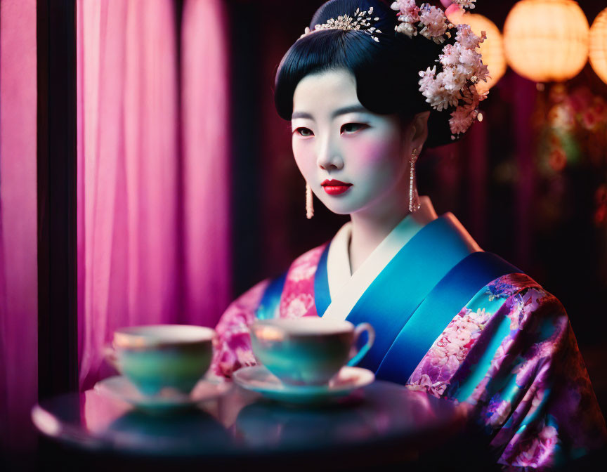 Traditional Japanese clothing woman with flower hairpiece by window with teacups