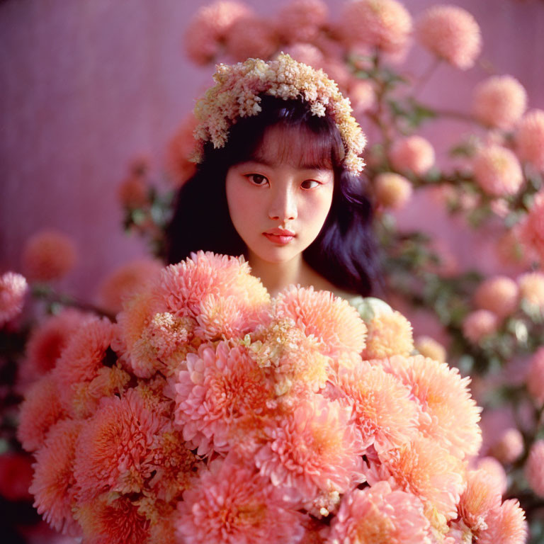 Woman with floral crown surrounded by pink flowers on pink background