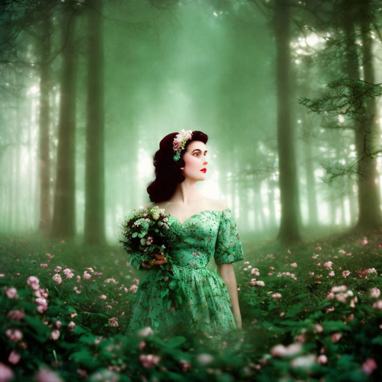 Woman in green vintage dress surrounded by misty forest and flowers