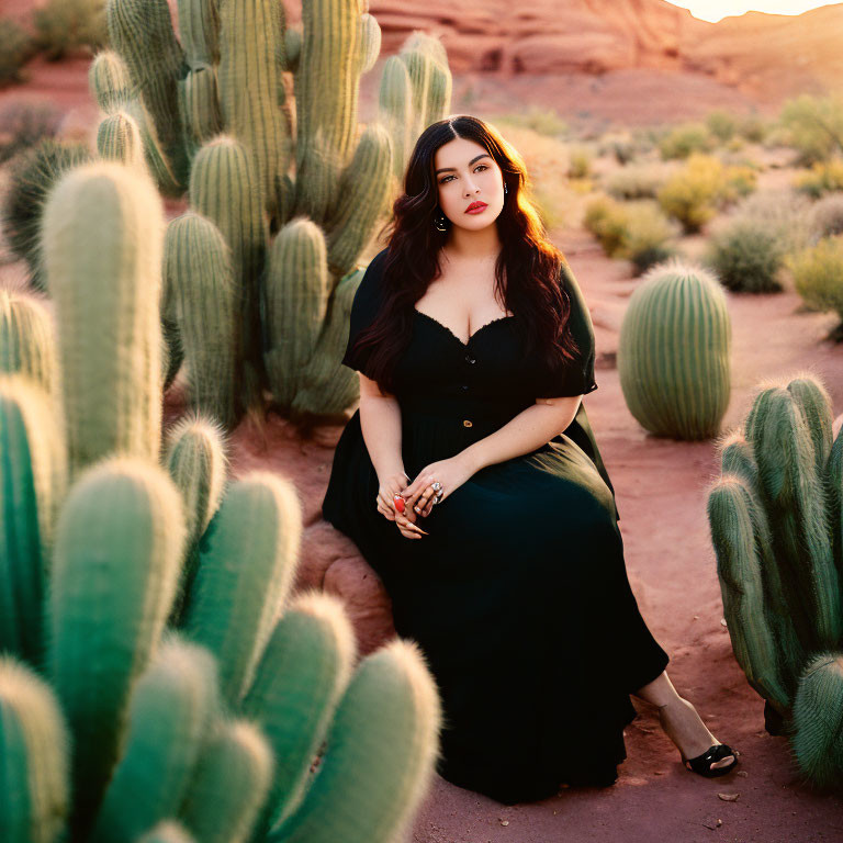 Woman in Black Dress Sitting Among Tall Cacti at Sunset