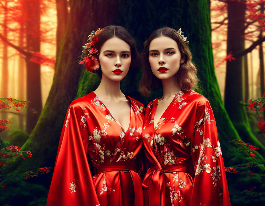 Symmetrical women in red floral dresses in misty forest