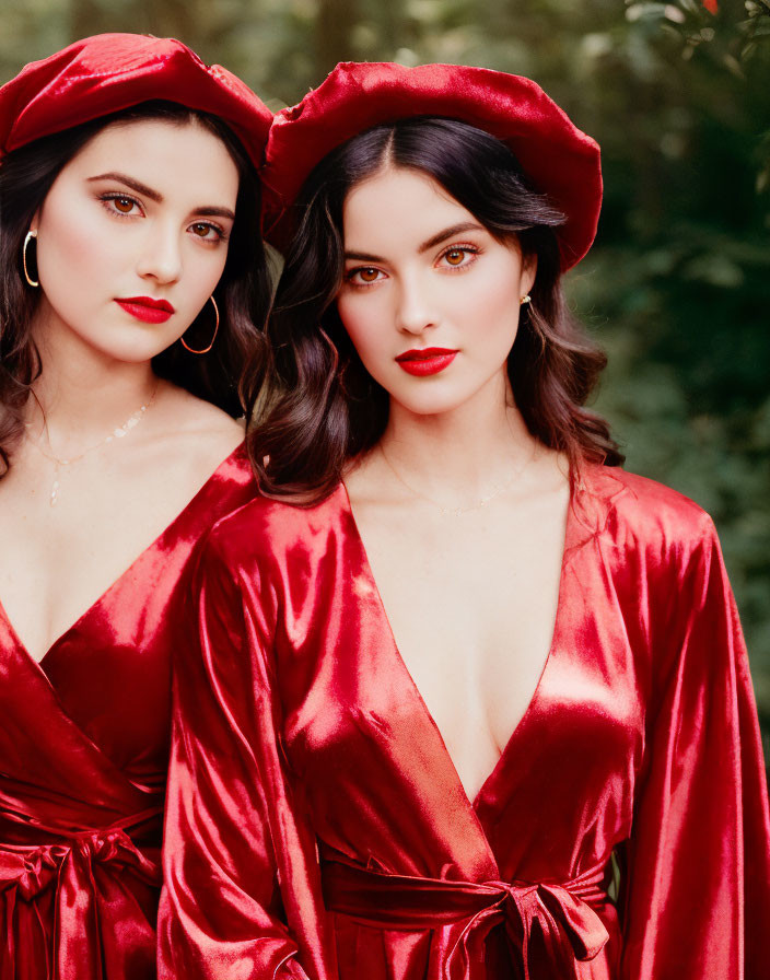 Two Women in Matching Red Velvet Dresses and Berets Against Green Background