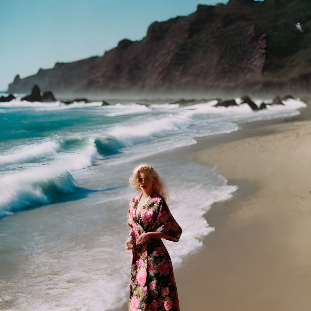 Woman in floral dress on sandy beach with waves and cliffs in misty background