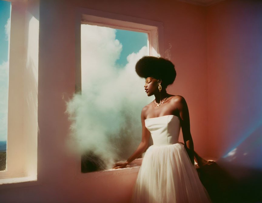 Woman in White Dress Standing by Window in Sunlit Pink Room