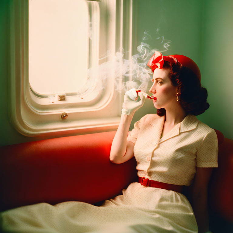 Vintage Woman in Red Hat and Cream Dress Smoking by Train Window