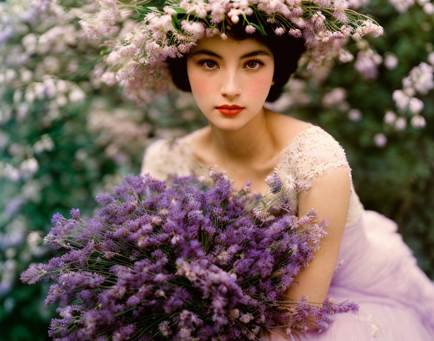 Floral head wreath woman with lavender bouquet on green background