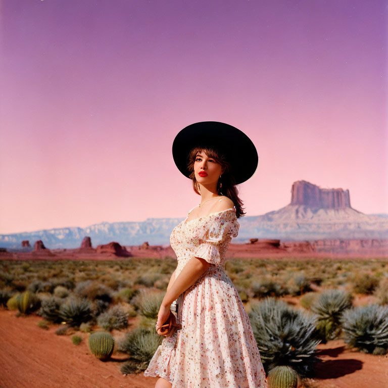 Woman in floral dress and wide-brimmed hat in desert with red rock formations