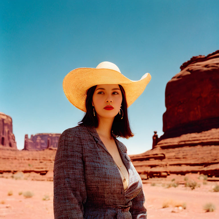 Woman in wide-brimmed hat and blazer against red rock formations