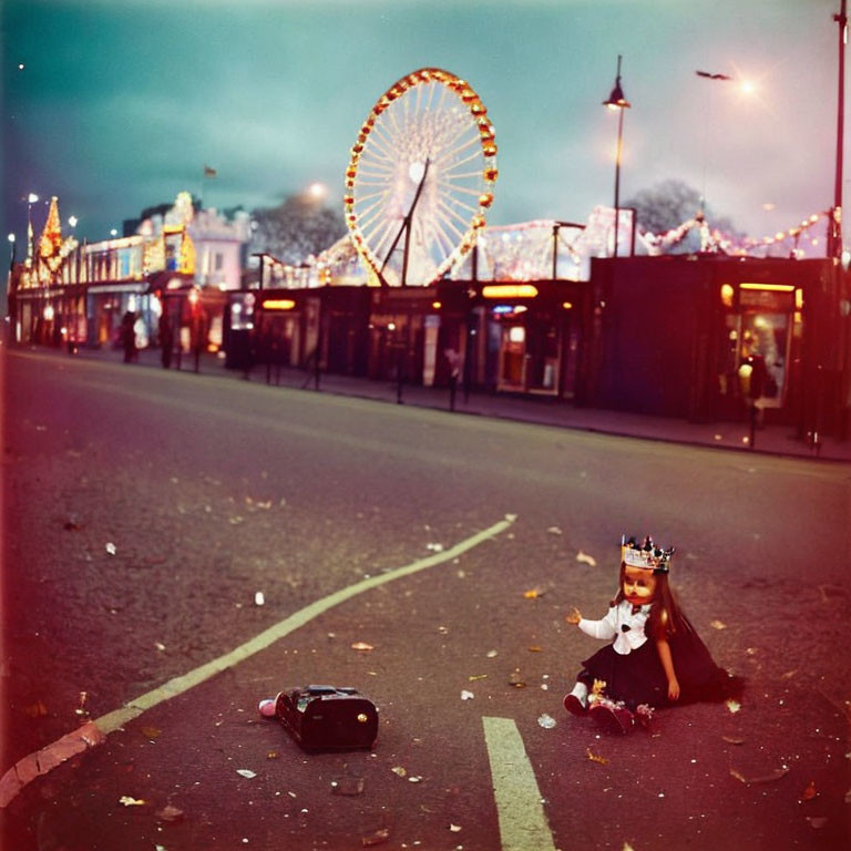 Child in Crown on Urban Street with Ferris Wheel and Suitcase at Dusk