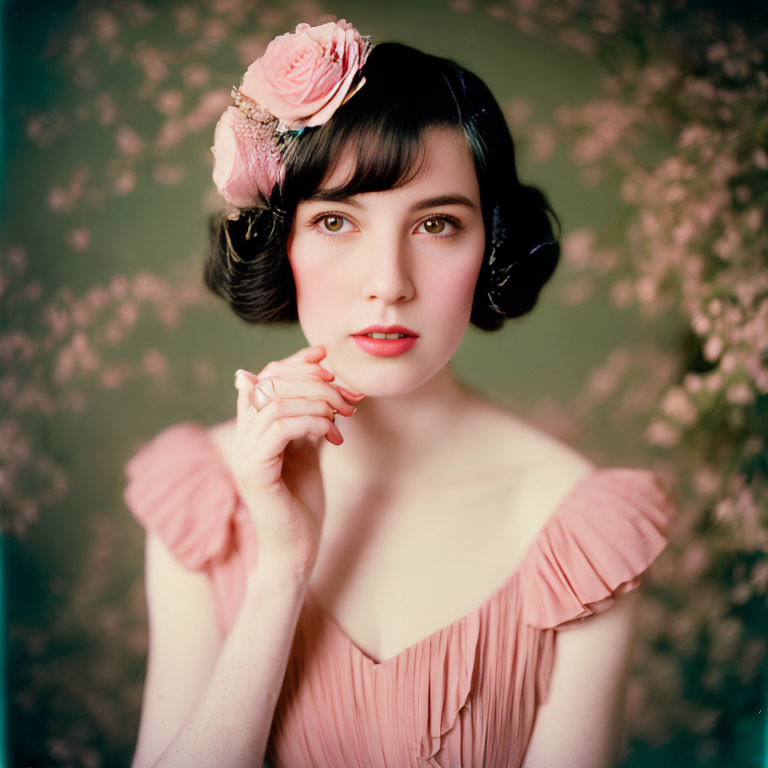 Vintage Hairstyle Woman in Pink Dress Poses Against Floral Backdrop