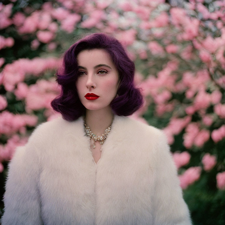 Woman with Purple Hair in White Fur Coat Surrounded by Pink Flowers