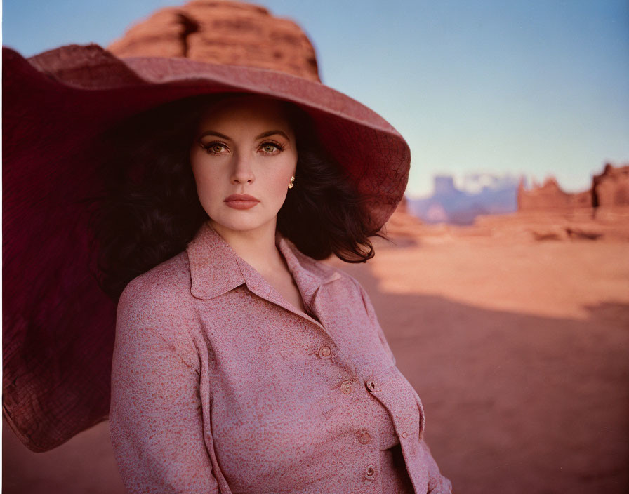 Dark-haired woman in wide-brimmed hat and pink coat against desert backdrop