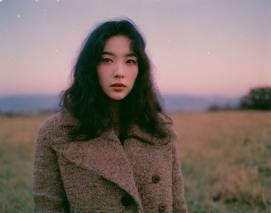 Dark-haired woman in textured coat standing in field at twilight with faint stars in sky