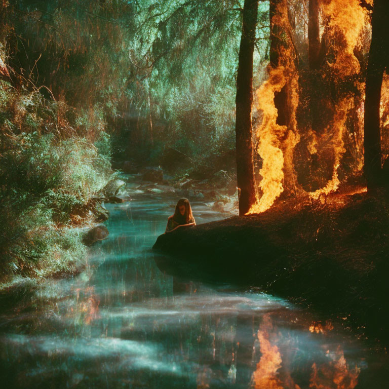 Person sitting on rock in mystical forest with river and fiery glow, surrounded by trees