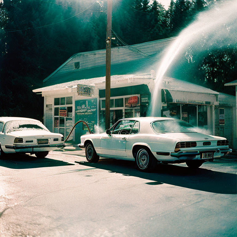 Vintage Cars at Gas Station with Water Hose - Nostalgic American Scene