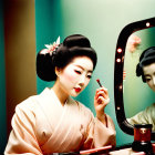 Traditional Japanese woman in elaborate attire applying makeup with mirror