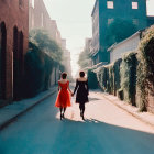 Silhouetted couple walking in urban alley, one in red dress, the other in black.