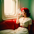 Vintage Woman in Red Hat and Cream Dress Smoking by Train Window