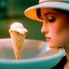 Woman in White Hat Admiring Large Ice Cream Cone on Colorful Background