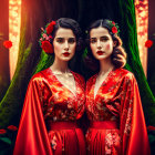 Symmetrical women in red floral dresses in misty forest