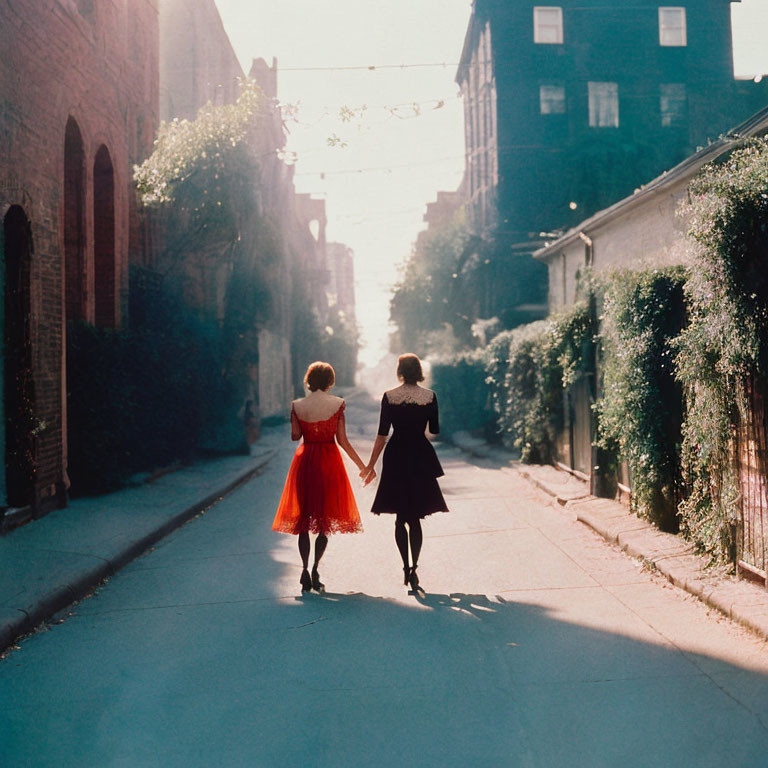 Silhouetted couple walking in urban alley, one in red dress, the other in black.