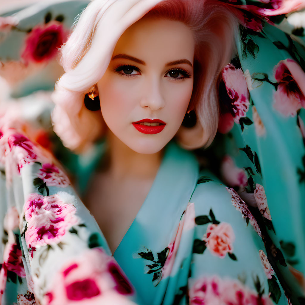 Vintage fashion woman in red lipstick and floral outfit with wide-brimmed hat gazes at camera