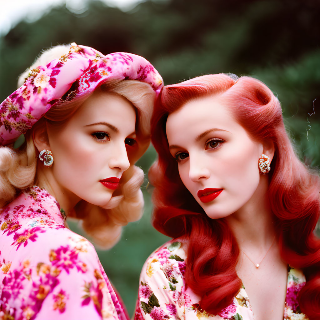 Vintage Hairstyles: Blonde & Redhead Women in Floral Clothing Embrace Retro Elegance