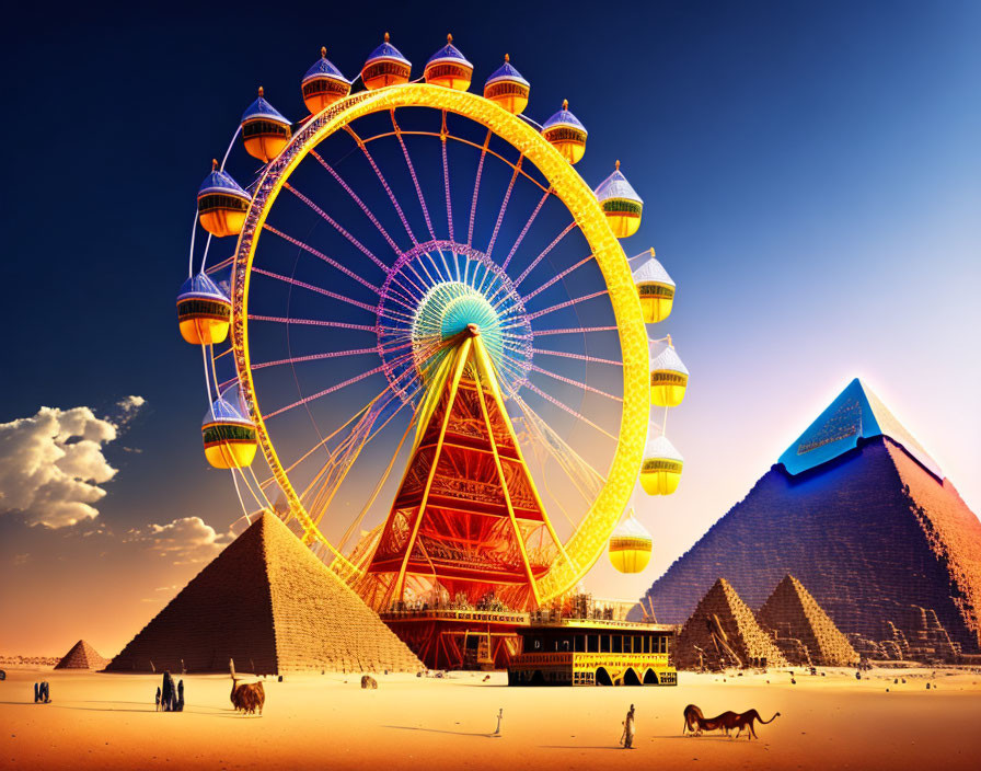 Colorful Ferris Wheel by Great Pyramids with Camels and People