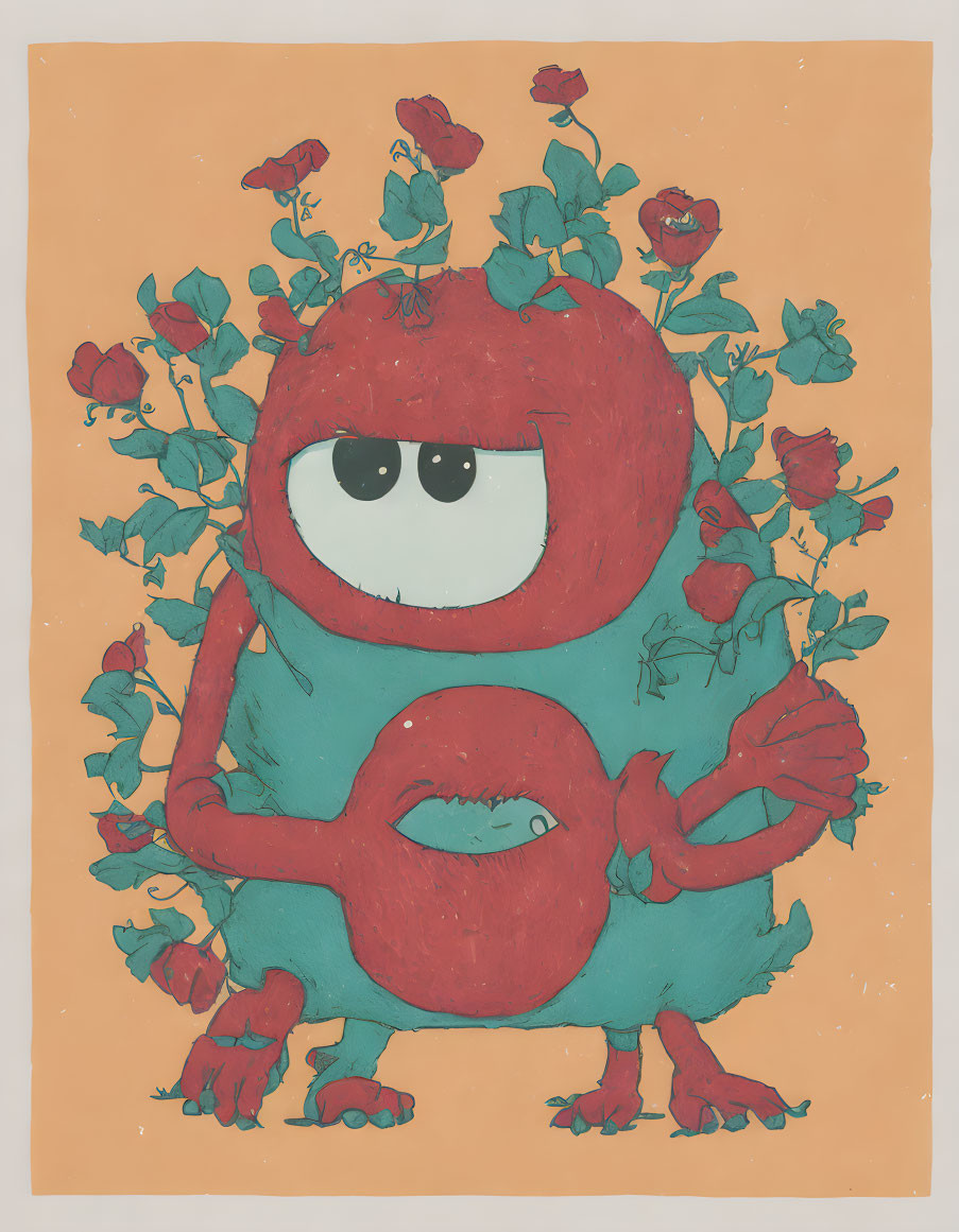 Red monster with large eyes and mouth in a floral setting on orange backdrop