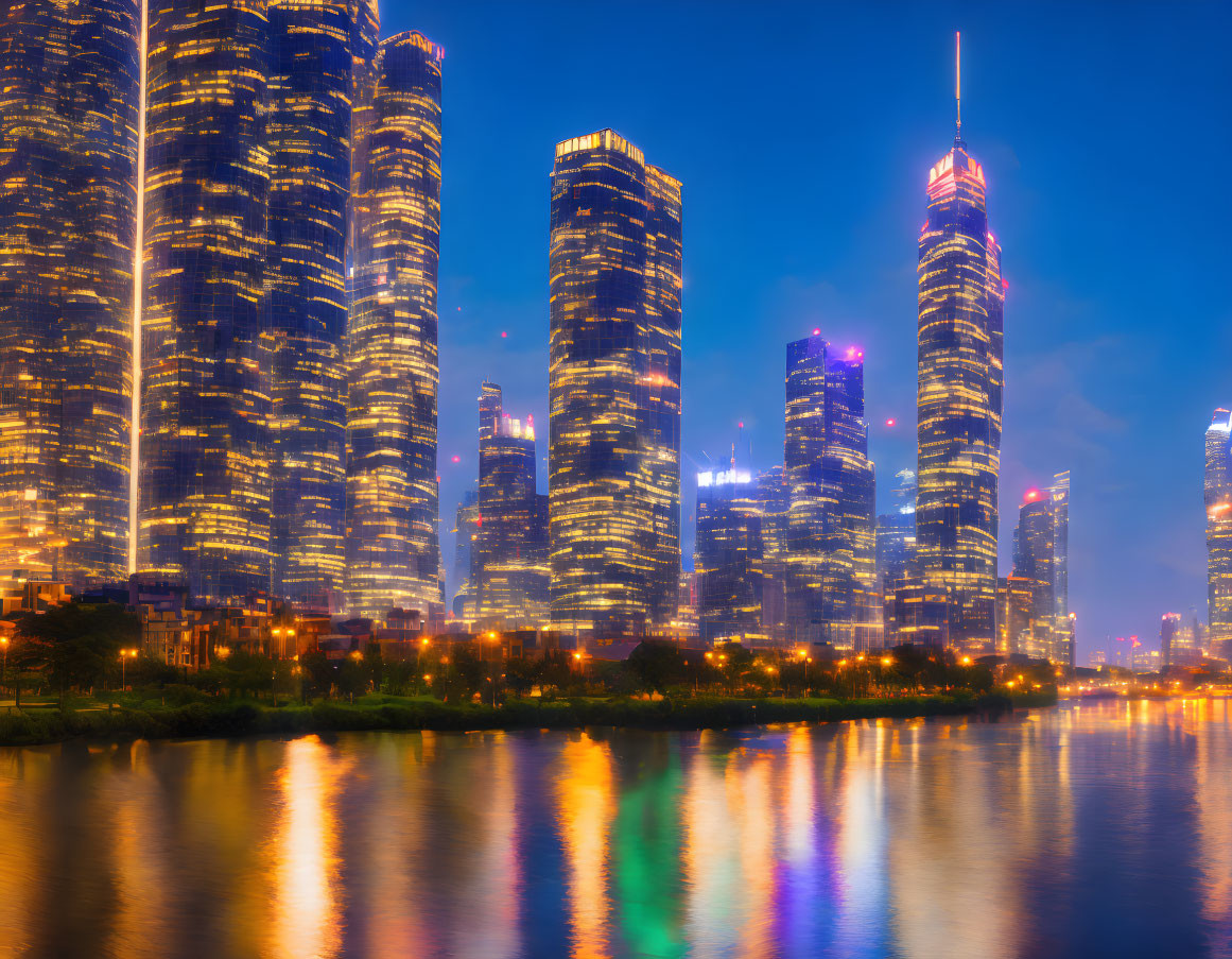 Cityscape with illuminated skyscrapers reflected in water at twilight