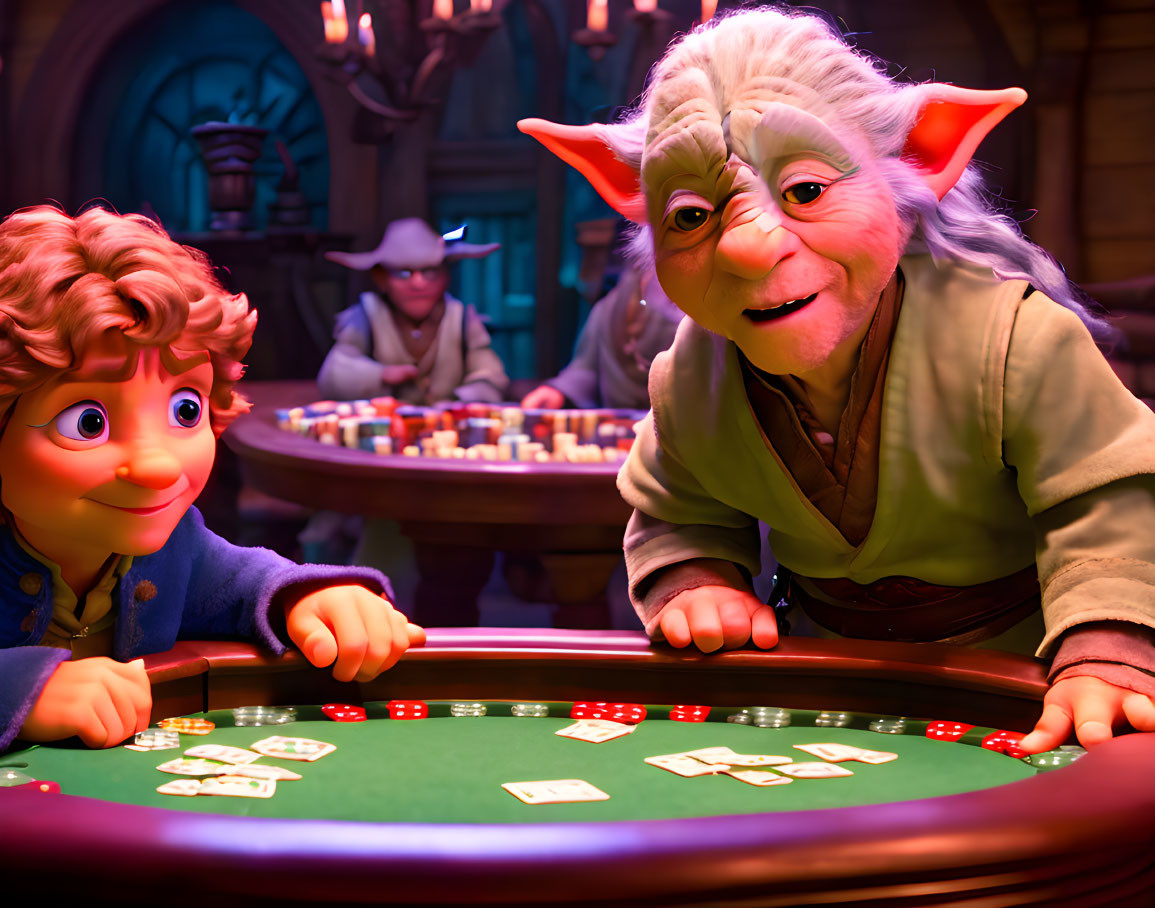 Animated characters at a casino table with cards and dim lighting