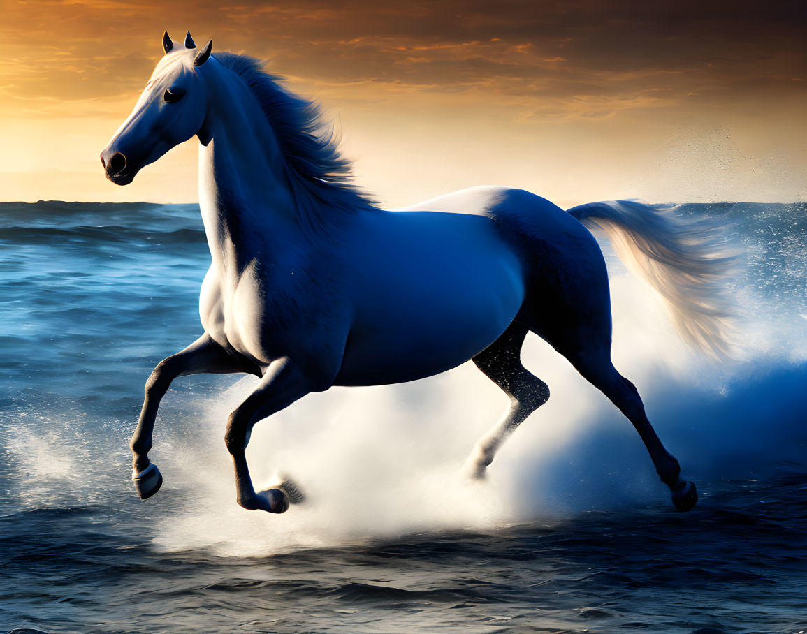 White horse galloping in ocean waves at sunset