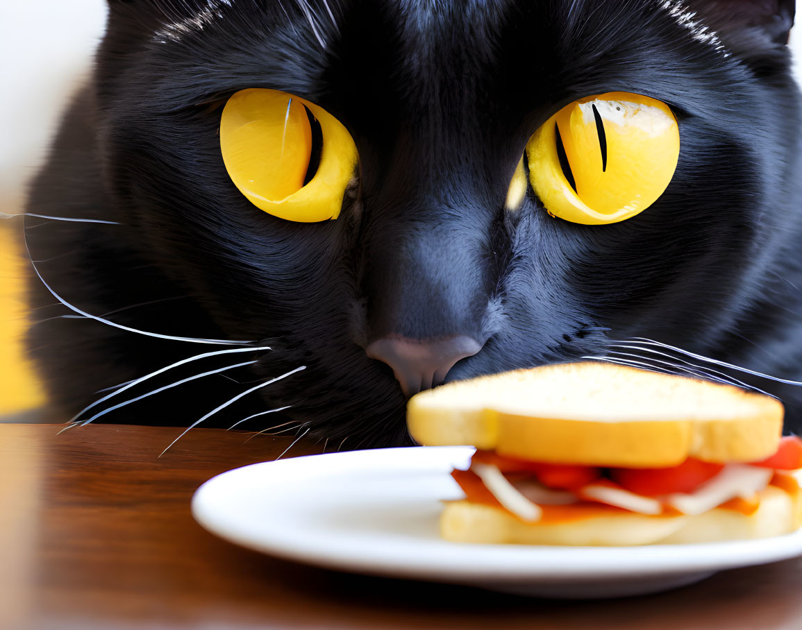 Black Cat with Yellow Eyes Staring at Sandwich on Plate