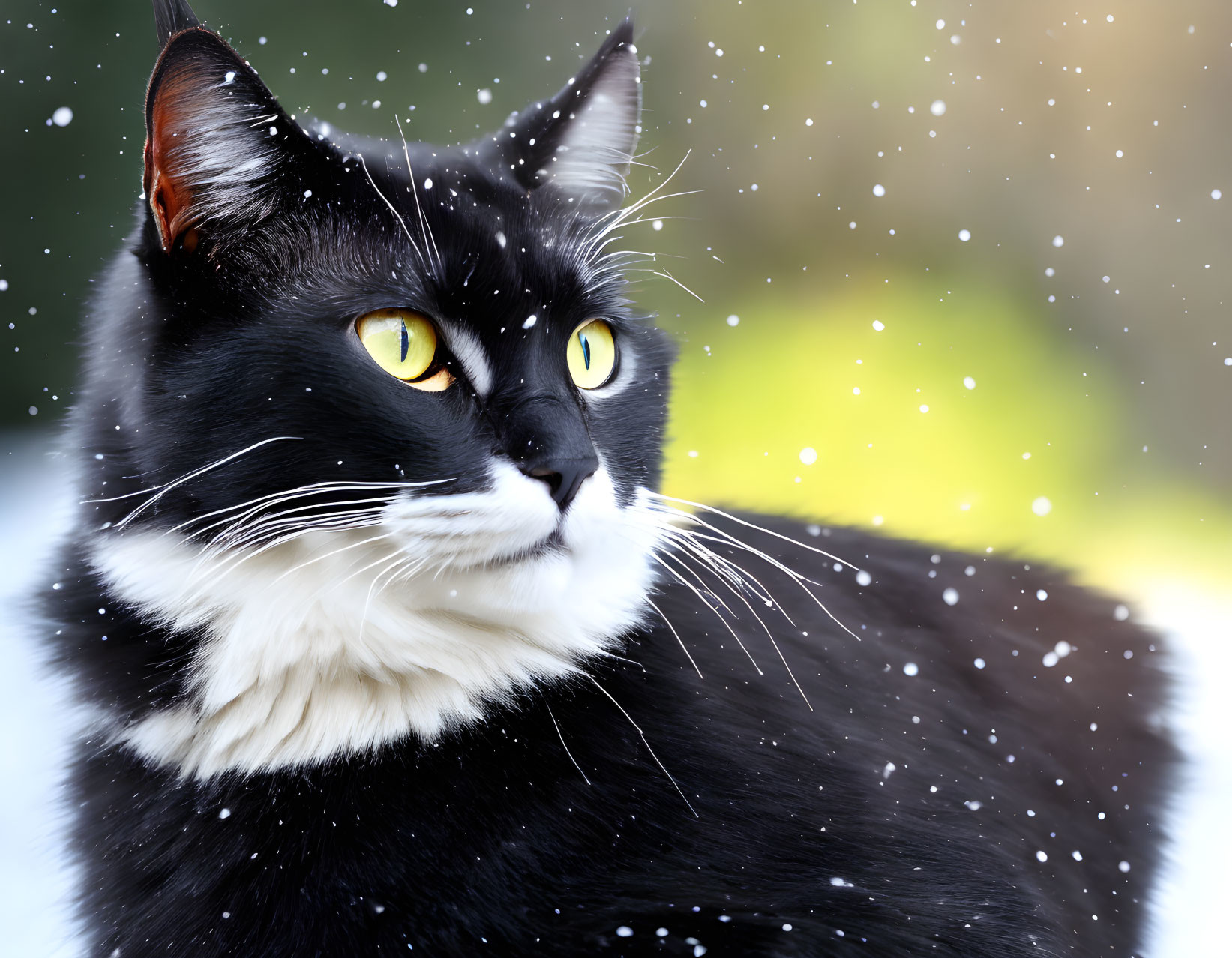 Black and White Cat with Yellow Eyes and Snowflakes on Fur