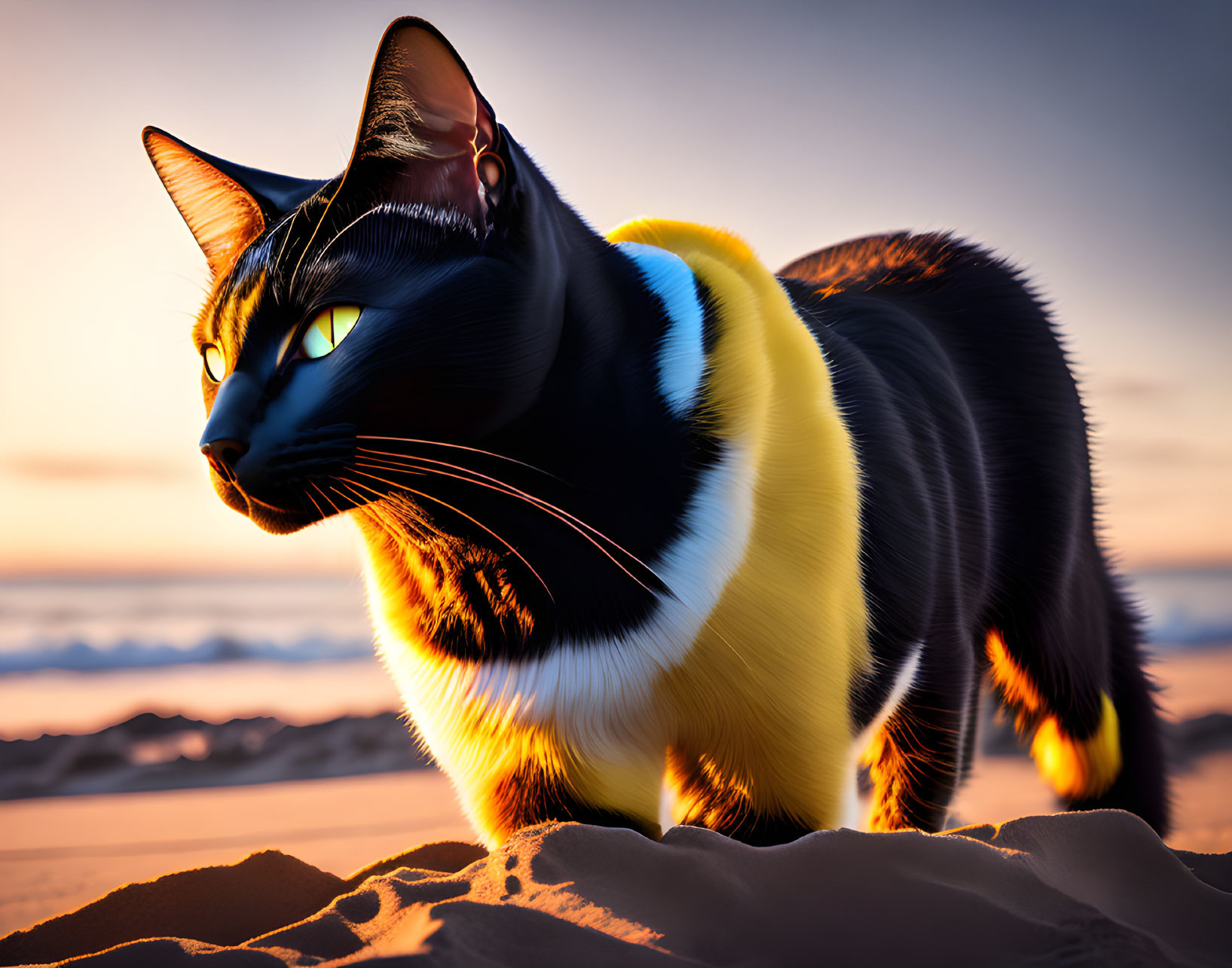 Black and White Cat with Yellow and Blue Stripes on Sandy Beach at Sunset