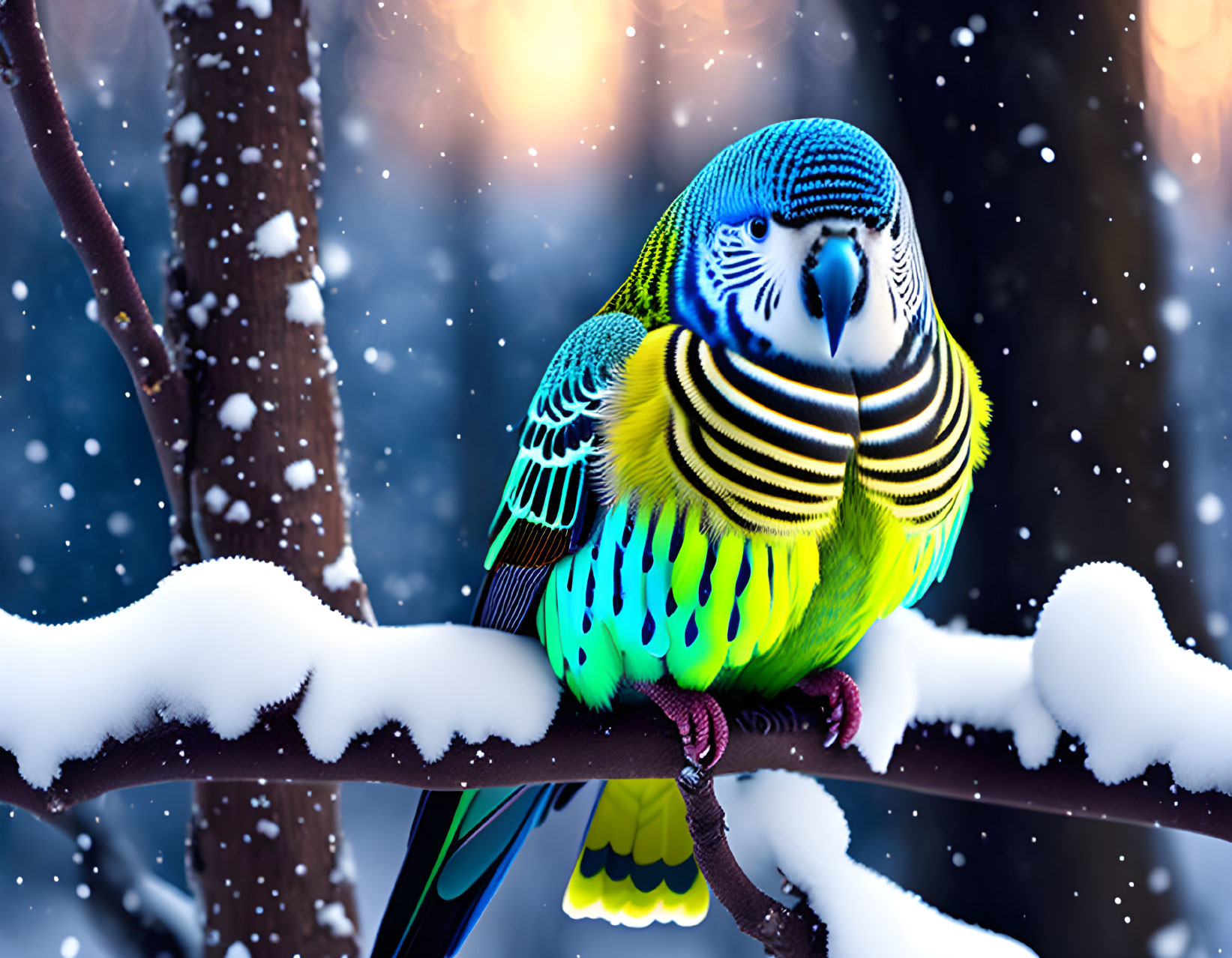 Colorful Budgerigar Perched on Snow-Covered Branch in Winter Forest