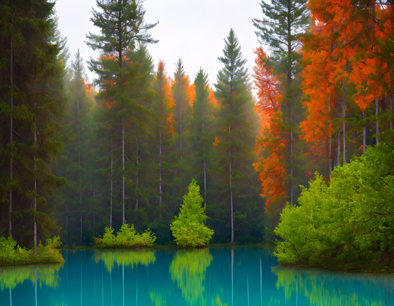 Tranquil forest scene with blue lake and colorful trees