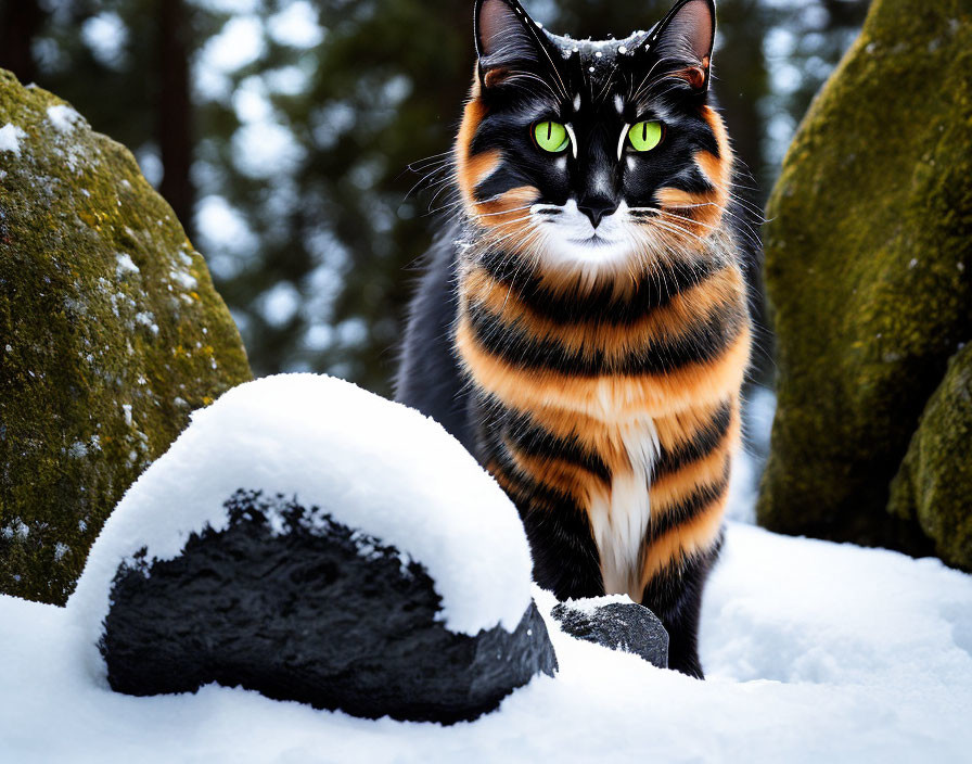 Vibrant calico cat with green eyes in snowy landscape