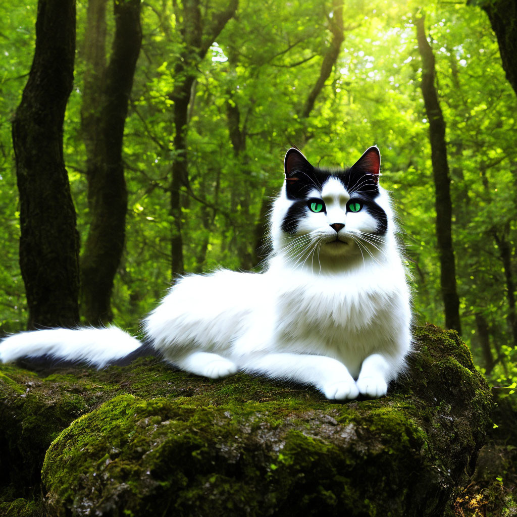 Fluffy white cat with black markings and blue eyes on mossy log in green forest