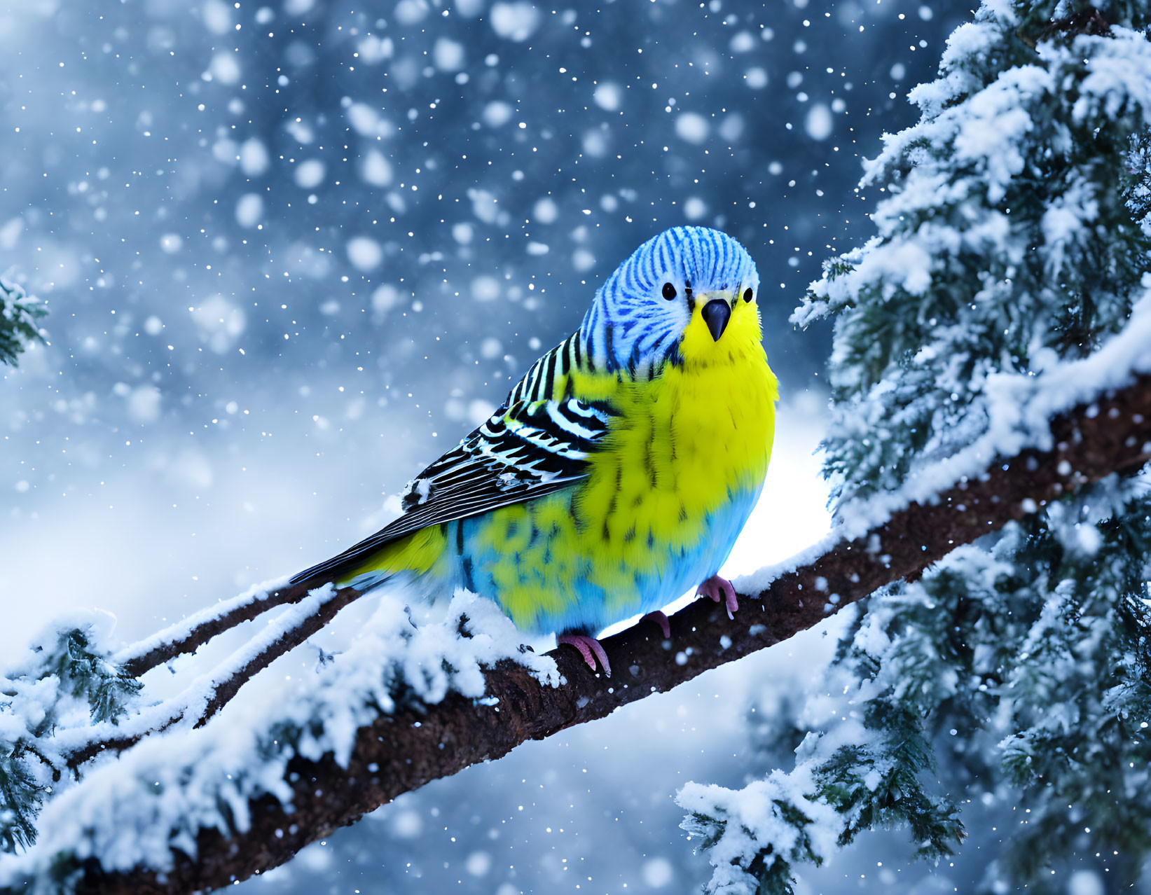 Colorful Budgie on Snowy Branch with Falling Snowflakes