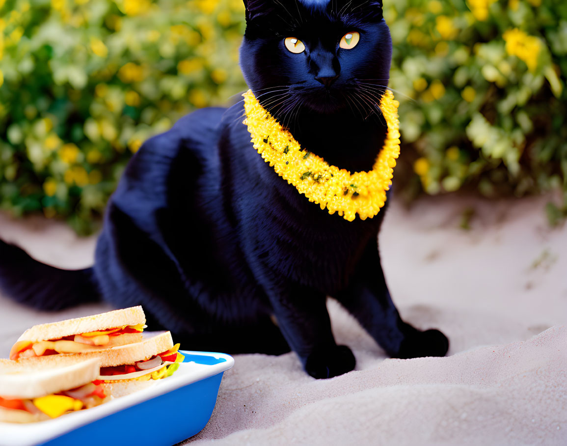Black cat with yellow floral necklace beside sandwich on blue plate