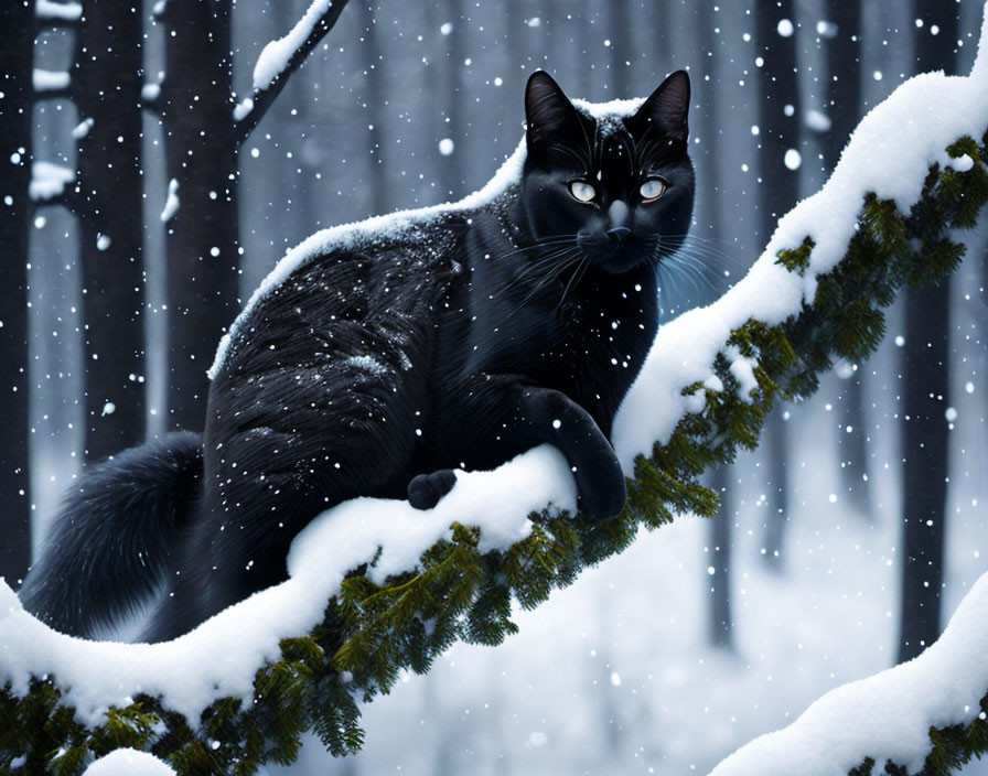 Black cat with striking eyes on snowy tree branch in tranquil winter forest