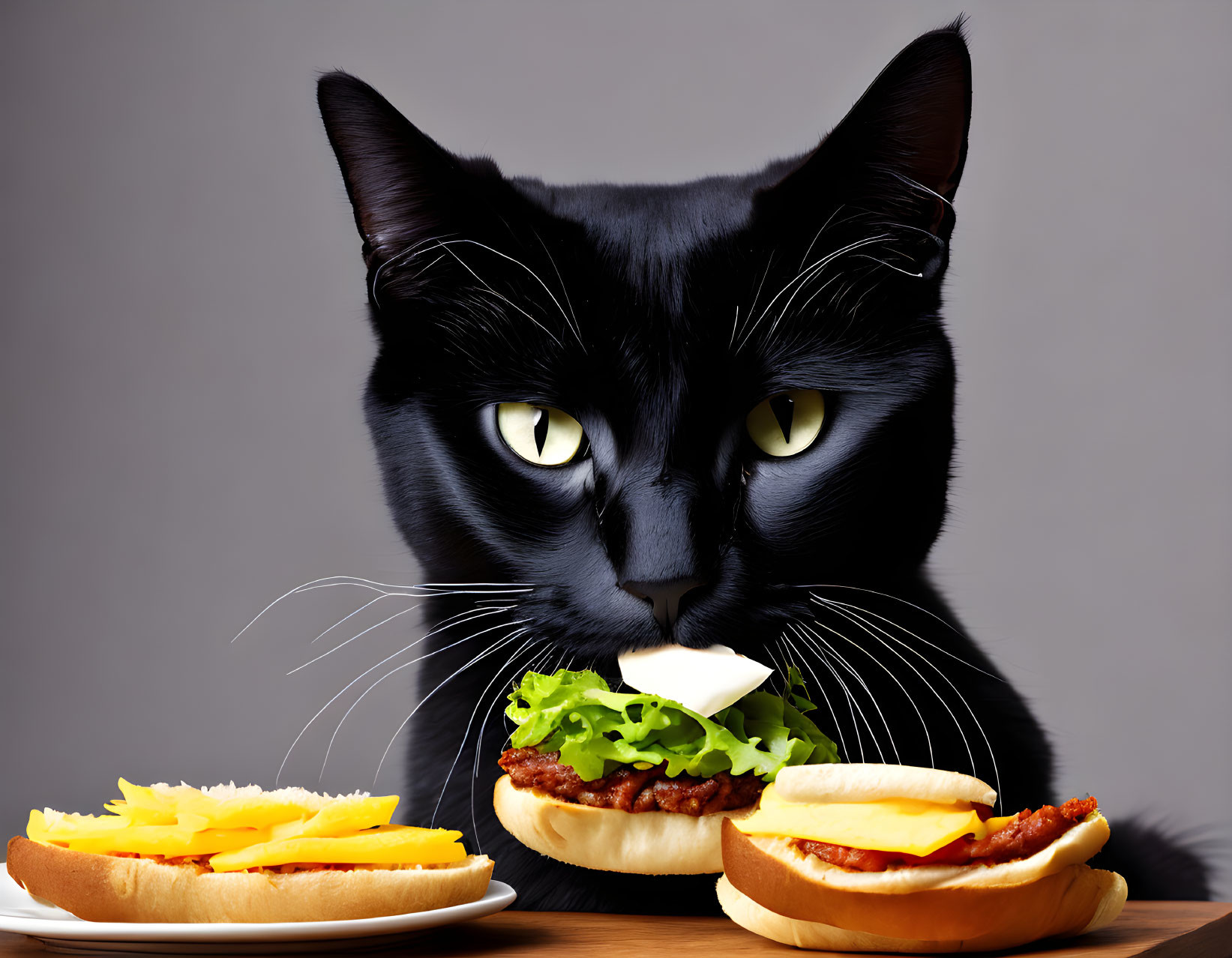 Black cat with cheeseburger, sandwich, and fries on table.