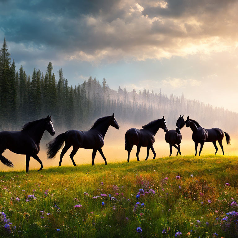 Herd of horses in sunlit meadow with wildflowers and misty forest background